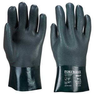 A green workwear garment designed for use on construction sites and in industrial work environments.,