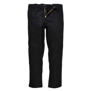 A pair of black work trousers featuring flame-resistant fabric, suitable for a wide range of outdoor and site work applications.