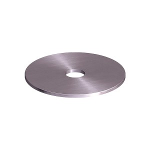 A stainless steel flat washer with a central hole for use with a bolt or screw to distribute clamping load and protect the mating surface.,