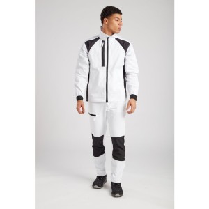 A white jacket featuring stretch panels for ease of movement, suitable for a wide range of outdoor and site work applications.