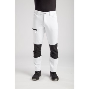 A pair of white work trousers featuring stretch panels for ease of movement, suitable for a wide range of outdoor and site work applications.