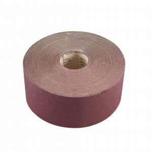 A large roll of reddish-brown sandpaper with the abrasive side facing outward, coiled tightly with the inner cardboard core visible.
