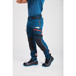 A pair of blue work trousers designed for use on construction sites and in industrial work environments.,