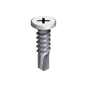 A silver Phillips head self-tapping screw with a flat top, spiral threads, and a flat tip designed for drilling into metal or plastic.
