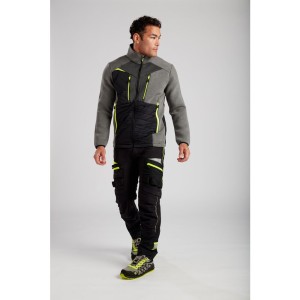 A grey jacket designed for use on construction sites and in industrial work environments.,