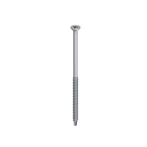 A stainless steel screw with a threaded shaft and sharp point, for general-purpose fastening applications.