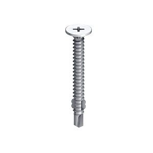 A carbon steel self-drilling screw with a sharp drill-point tip and spiral threads along the shaft, suitable for fixing into steel framing.