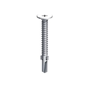 A carbon steel self-drilling screw with a sharp drill-point tip and spiral threads along the shaft, suitable for fixing into steel framing.