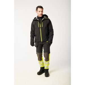 A black jacket designed for use on construction sites and in industrial work environments.,