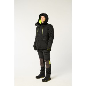 A black jacket designed for use on construction sites and in industrial work environments.,