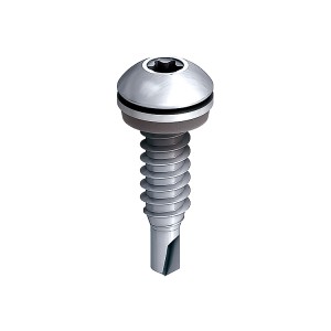 A steel self-drilling screw with a sharp drill-point tip and spiral threads along the shaft, suitable for fixing into steel framing.