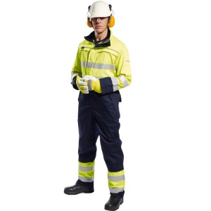 A high-visibility yellow coverall featuring retroreflective tape panels, flame-resistant fabric, suitable for a wide range of outdoor and site work applications.