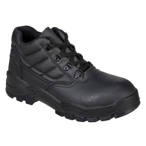 A black composite safety boot with an anti-slip sole and padded collar, designed for comfort and protection during extended site work.