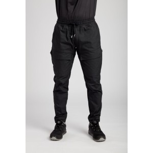 A pair of black work trousers designed for use on construction sites and in industrial work environments.,