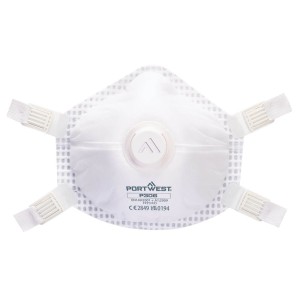 An FFP3-rated disposable respirator with a moulded cup shape and an exhalation valve, providing high-filtration protection against fine dust and particles.