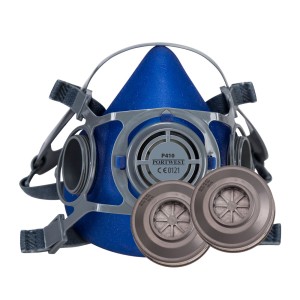 A moulded disposable dust mask with a nose clip and elasticated headbands, designed to filter airborne particulates during dusty work.
