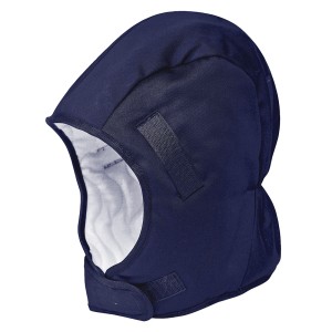 A navy blue safety helmet with an adjustable suspension harness and ventilation slots, providing impact protection on construction sites.