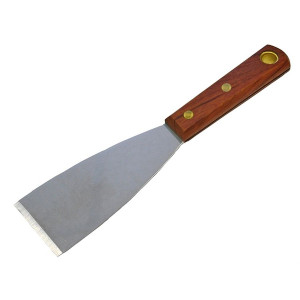 A 50mm flexible filling knife with a thin steel blade and a painted wooden or plastic handle, for applying and smoothing filler and caulk.