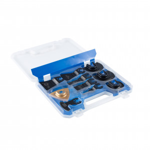 A transparent plastic case with a handle holds a set of various black and gold oscillating multi-tool blades, neatly organized in blue compartments.