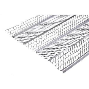 A close-up of a piece of expanded metal lath with diamond-shaped openings and three raised, reinforced rib lines, typically used in construction for plaster or stucco support.