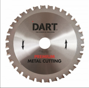 A circular metal saw blade with jagged teeth, labeled DART and PREMIUM METAL CUTTING, with black directional arrows and text indicating it is designed for precision metal cutting.