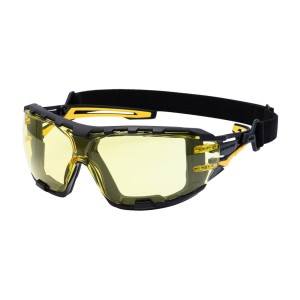A pair of safety spectacles with clear impact-resistant lenses and adjustable side arms, for eye protection during site work.