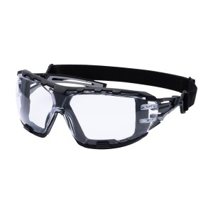 A pair of safety spectacles with clear impact-resistant lenses and adjustable side arms, for eye protection during site work.