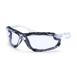 A pair of safety spectacles with clear impact-resistant lenses and adjustable side arms, for eye protection during site work.