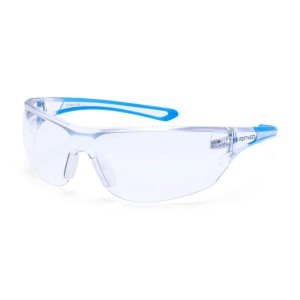 A pair of safety spectacles with clear impact-resistant lenses and adjustable side arms, for eye protection during site work.