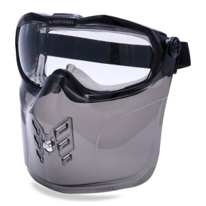 A pair of safety goggles with clear anti-fog lenses and a ventilated PVC frame, offering eye protection against dust and splashes.