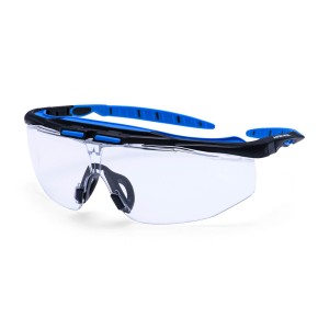 A pair of safety spectacles with clear impact-resistant lenses and adjustable side arms, for eye protection during site work.