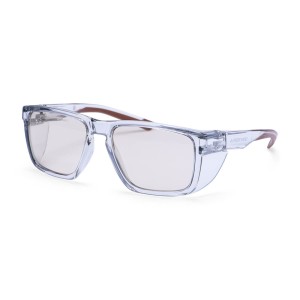 A pair of safety spectacles with brown impact-resistant lenses and adjustable side arms, for eye protection during site work.