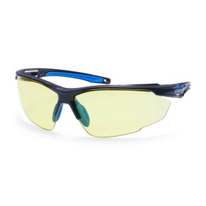 A pair of safety spectacles with clear impact-resistant lenses and adjustable side arms, for eye protection during site work.