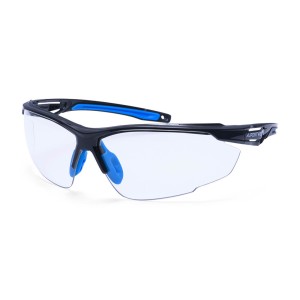 A pair of safety spectacles with clear impact-resistant lenses and adjustable side arms, for eye protection during site work.