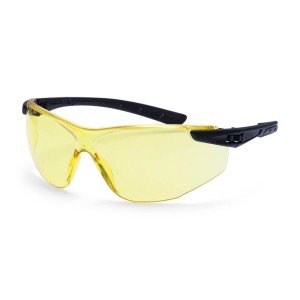 A pair of safety spectacles with clear impact-resistant lenses and adjustable side arms, for eye protection during site work.