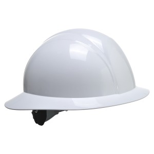 A white safety helmet with an adjustable suspension harness and ventilation slots, providing impact protection on construction sites.