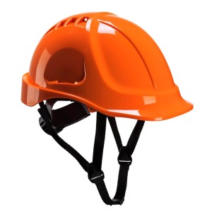 A orange safety helmet with an adjustable suspension harness and ventilation slots, providing impact protection on construction sites.