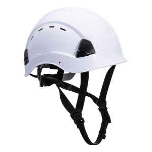 A white safety helmet with an adjustable suspension harness and ventilation slots, providing impact protection on construction sites.
