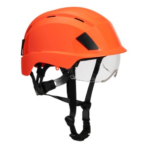A orange safety helmet with an adjustable suspension harness and ventilation slots, providing impact protection on construction sites.