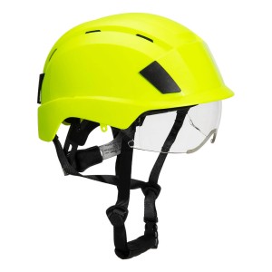 A yellow safety helmet with an adjustable suspension harness and ventilation slots, providing impact protection on construction sites.