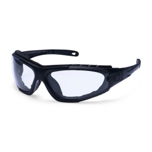A pair of safety spectacles with clear impact-resistant lenses and adjustable side arms, for eye protection during site work.