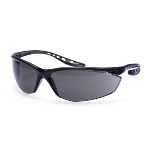 A pair of safety spectacles with clear impact-resistant lenses and adjustable side arms, for eye protection during site work.