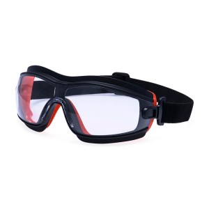 A pair of safety goggles with clear anti-fog lenses and a ventilated PVC frame, offering eye protection against dust and splashes.