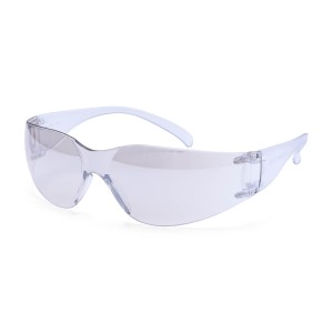A pair of safety spectacles with clear impact-resistant lenses and adjustable side arms, for eye protection during site work.