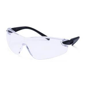 A pair of safety spectacles with clear impact-resistant lenses and adjustable side arms, for eye protection during site work.