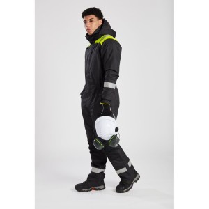 A black coverall designed for use on construction sites and in industrial work environments.,