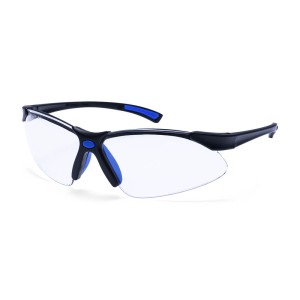 A pair of safety spectacles with blue impact-resistant lenses and adjustable side arms, for eye protection during site work.