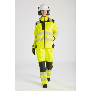 A pair of women's high-visibility yellow trousers featuring retroreflective tape panels, suitable for a wide range of outdoor and site work applications.