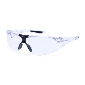 A pair of safety spectacles with clear impact-resistant lenses and adjustable side arms, for eye protection during site work.