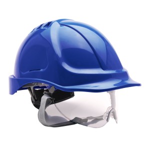 A blue safety helmet with an adjustable suspension harness and ventilation slots, providing impact protection on construction sites.